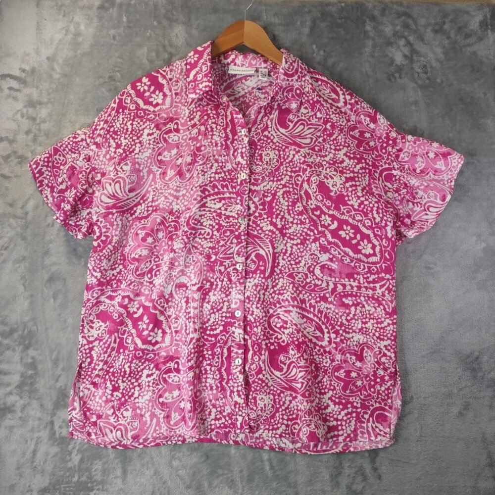 Susan Graver Women's XS Vibrant Pink & White Flowy Paisley Button Down T-Shirt